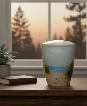 Preview: Elegant pet urn with a gentle beach motif and paw prints. A quiet, loving keepsake of the shared memories. This dignified piece is the perfect tribute – secure yours today.
